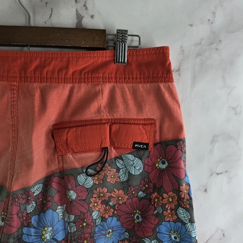 RVCA Swim Trunks Mens 34 Red Yellow Floral Board Shorts Lace Up Vintage